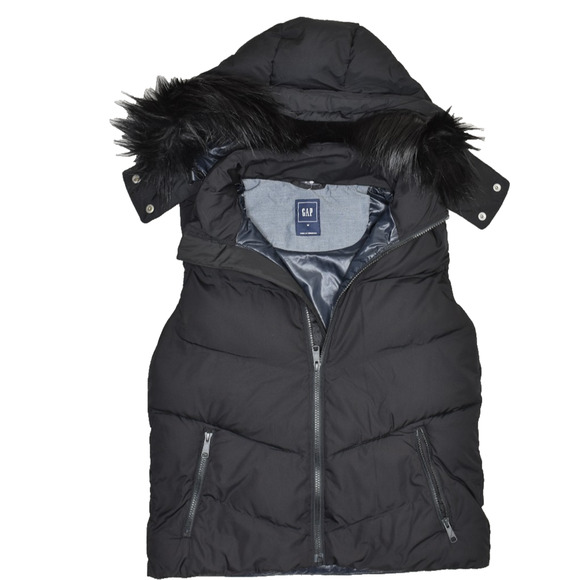 GAP Women's Black Long Puffer Vest Faux Fur Hood Trim Size M PrimaLoft New no ta - Picture 1 of 8